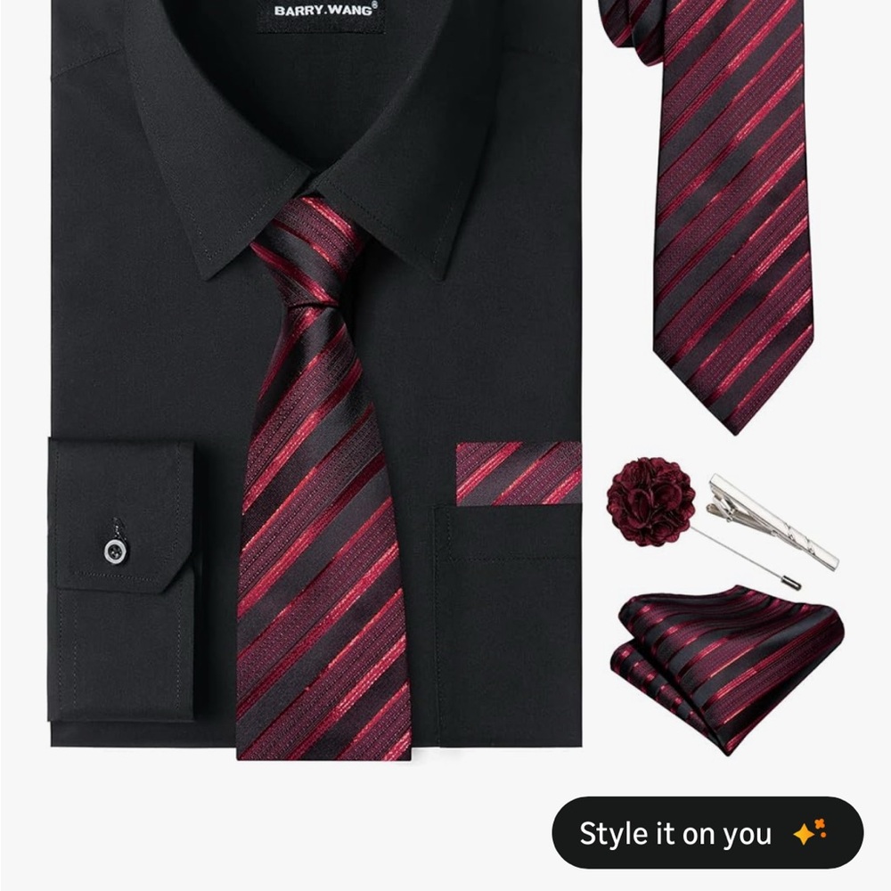 Barry.Wang Black Shirt with Red Striped Tie Set